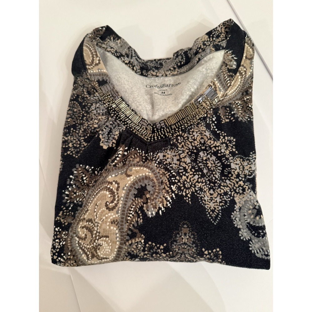 Croft & Barrow Womens Paisley Beaded V-Neck Top Blouse Multicolor Medium